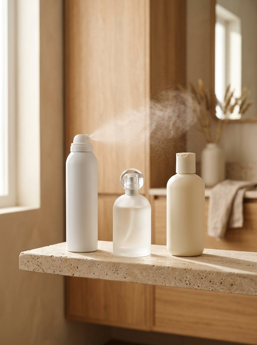Déodorant qui pulvérise, parfum et gel douche sur une étagère de salle de bain
