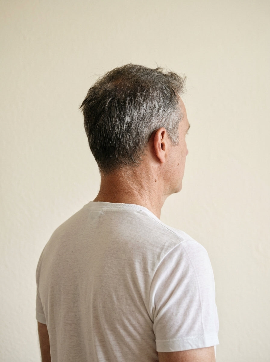 Homme d'une cinquantaine d'années en t-shirt blanc, vu de dos