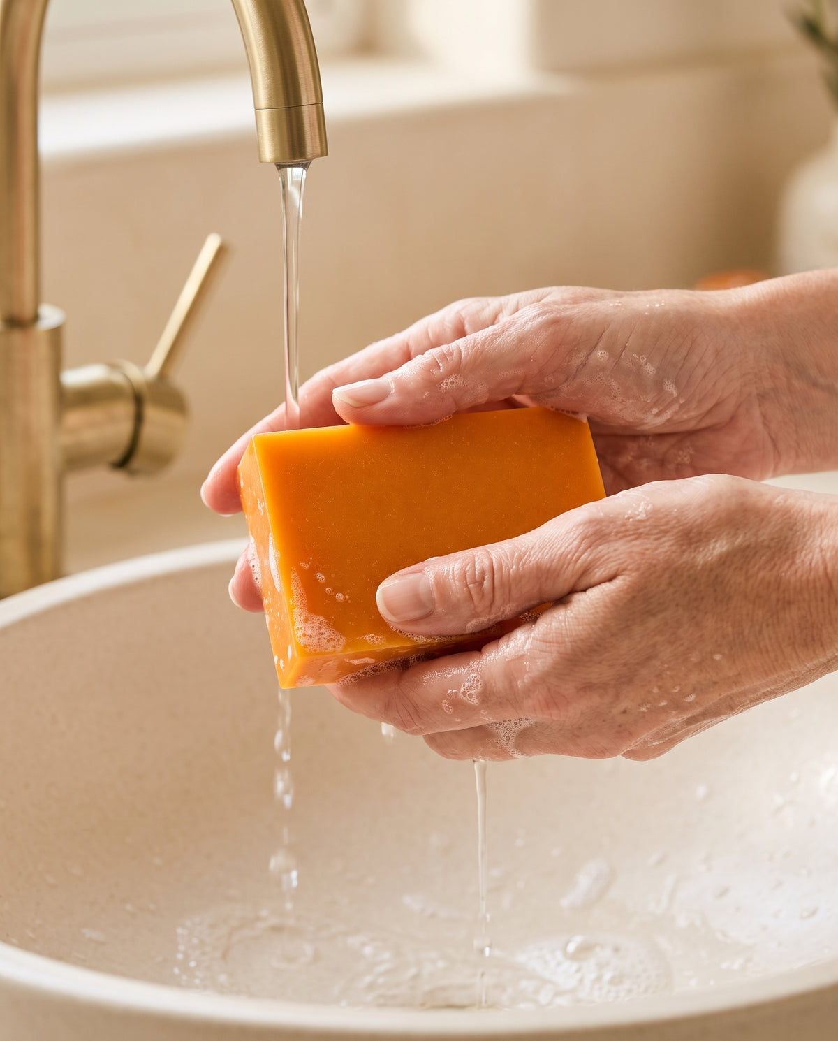 Mains qui font mousser le savon sous l'eau